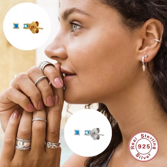 COPY - 925 Sterling Silver Studs Earrings Turquoise Pins - Picture 7 of 16